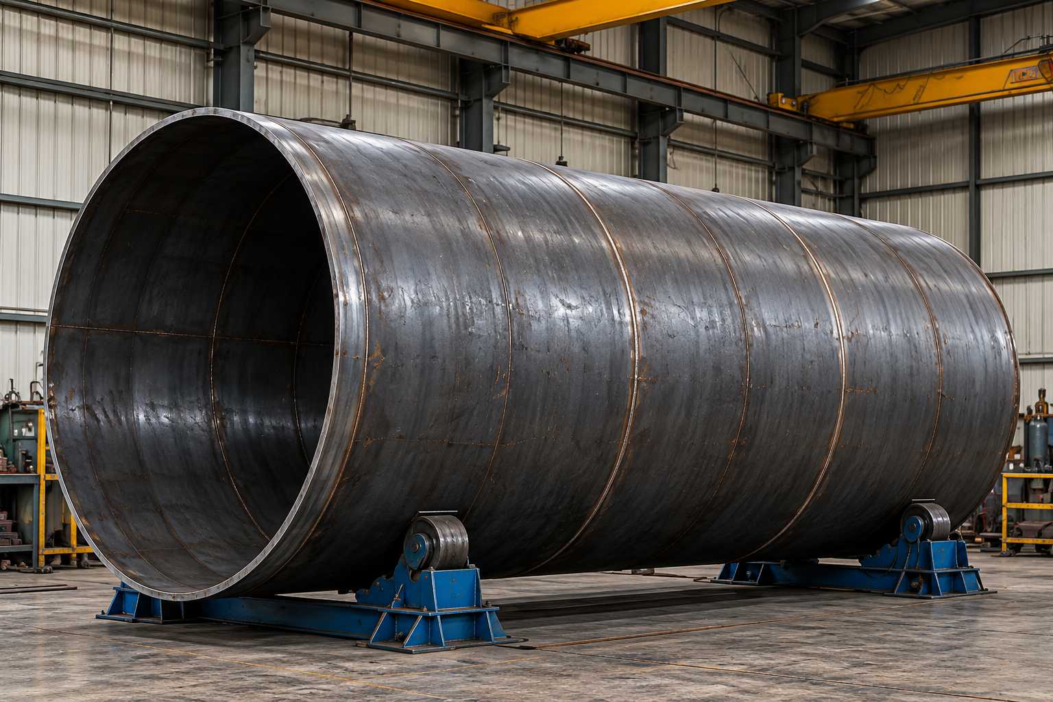 Large carbon steel tank shell supported on welding rotators in a fabrication shop.