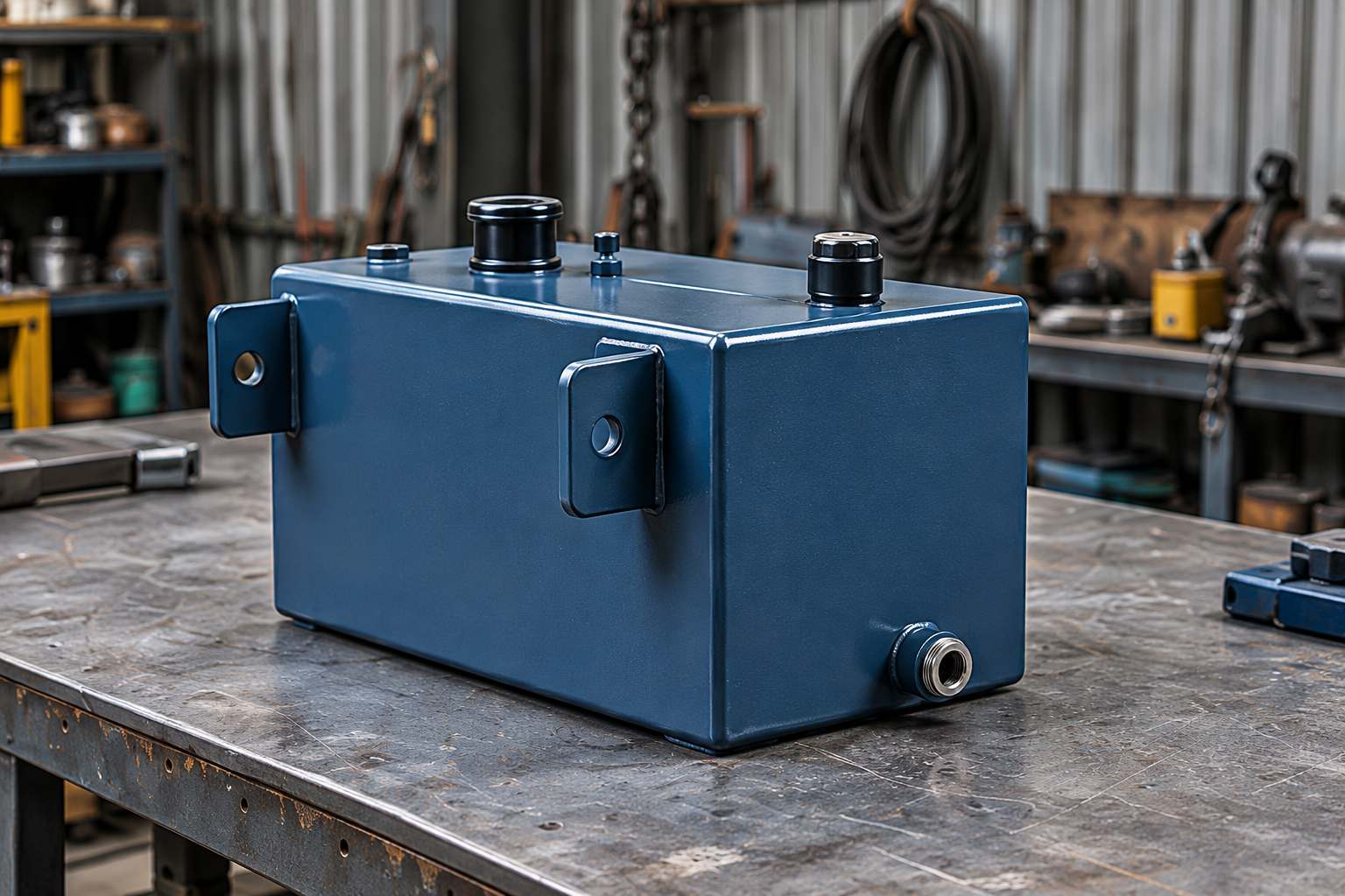 Blue painted oil tank with mounting brackets and capped connections on a workshop bench.