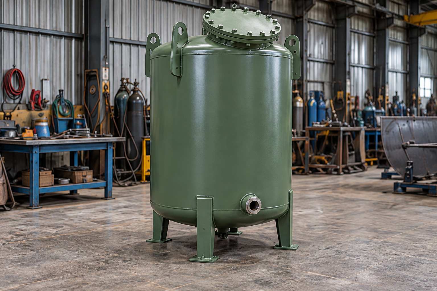 Green painted process tank with flanged top access and a low outlet in a fabrication bay.