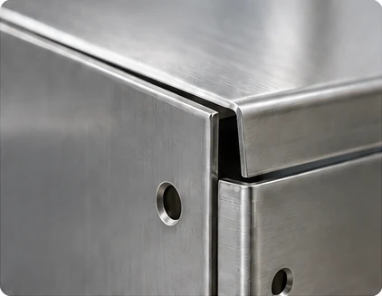 Equipment Cover Fit Conceptual stainless steel cover with folded edges misaligned at the adjoining frame