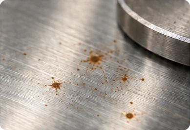 Surface Contamination Conceptual close-up of iron-particle rust marks on a brushed stainless steel surface