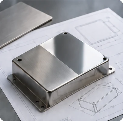 Surface Finish Inspection Conceptual stainless steel enclosure showing different surface finishes beside assembly sketches