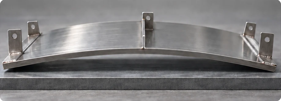 Washdown Panel Distortion Conceptual bowed stainless steel panel with welded supports above a flat surface