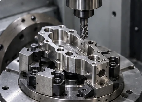 303 Component Workholding Machined stainless steel component secured in a fixture beneath a milling cutter.