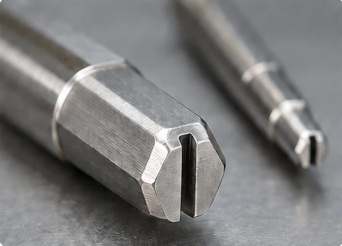 Slotted Driver Tip Hexagonal stainless steel driver tip with a narrow retention slot and a smaller driver behind it.