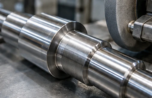 Stainless Shaft Journals Stepped stainless steel shaft with polished bearing journals beside a grinding wheel.