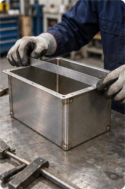 Checking housing flatness Technician checking a stainless steel equipment housing with a straightedge.