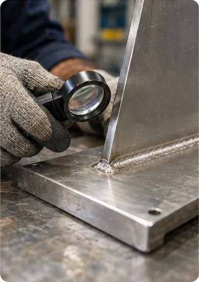 Inspecting a welded connection Technician examining a stainless steel welded attachment with a handheld magnifier.