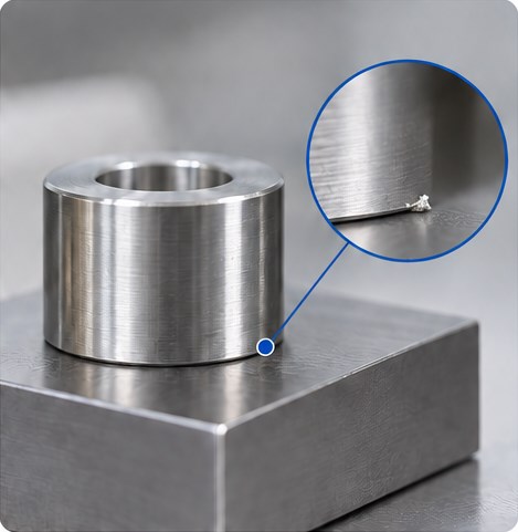 Spacer seating check Turned spacer on a reference block, with a magnified burr at the seating edge.