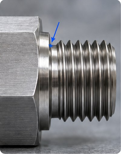 Thread relief at the shoulder Threaded adapter with the relief area highlighted beside its shoulder.