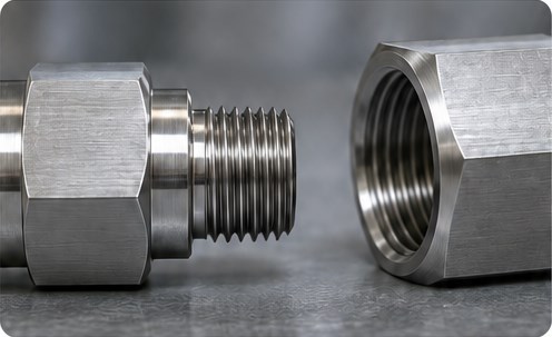 Threaded fitting mating parts Male threaded fitting and matching female component.
