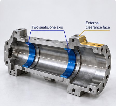 Dual-bearing housing Cutaway showing two internal bearing seats on one axis and an external clearance face.