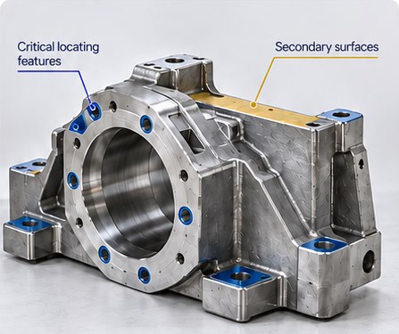 Machined locating features Machined component with critical locating features highlighted in blue and secondary surfaces in gold.