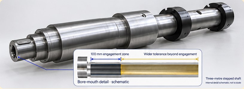 Three-metre stepped shaft Stepped steel shaft based on the supplied photograph, with a schematic 100 mm bore engagement zone and wider tolerance beyond. Internal detail is not to scale.