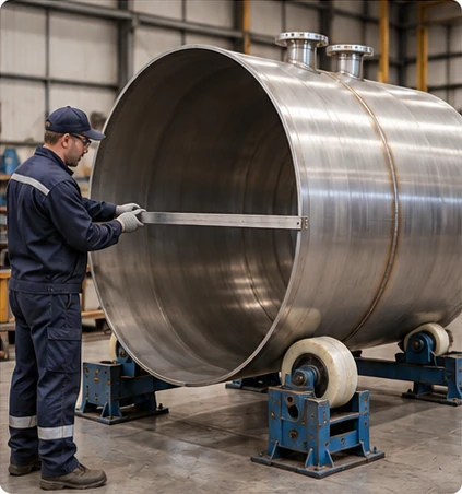 Technician checking the open end of a horizontal stainless steel tank shell during fabrication.