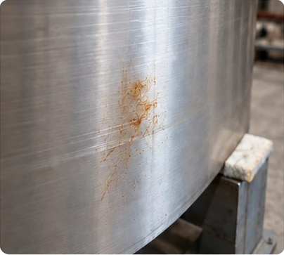 Localised rust staining on a stainless steel tank surface near a support contact.