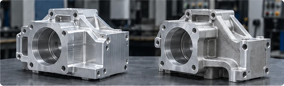 Machined aluminium housing beside a near-net-shape cast housing.