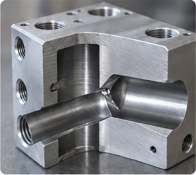 Conceptual cutaway of intersecting internal manifold passages.