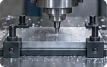 Aluminium mounting plate being machined in its fixture.