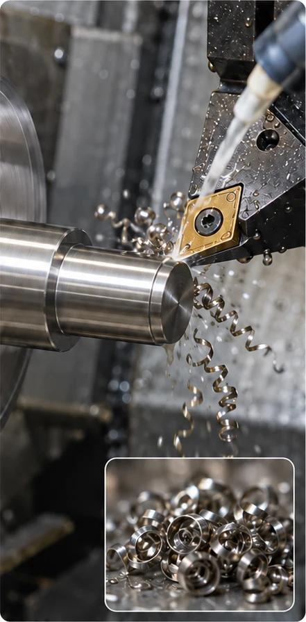 Lathe tool cutting a steel pin with metal chips and a close-up chip inset.