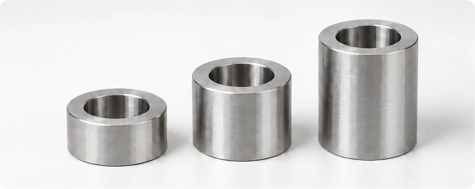 Three metal spacers with the same outer diameter and different lengths.