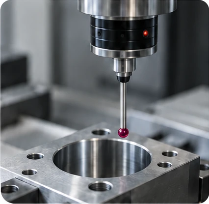 On-machine probing Touch probe approaching a machined bore