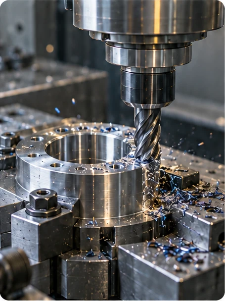 Precision component machining End mill machining a clamped metal component