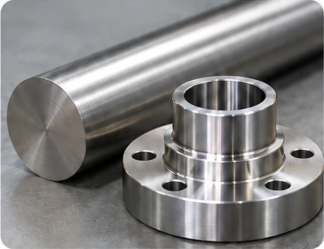 Stainless steel bar and machined part Stainless steel bar stock beside a machined component
