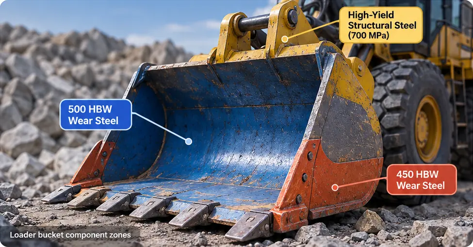 Hardox bucket-zones Illustration of a loader bucket with structural mounting joints, 500 HBW shell plates and 450 HBW side cutters