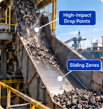 Hardox chute-zones Illustration identifying high-impact drop points and sliding zones in an ore chute