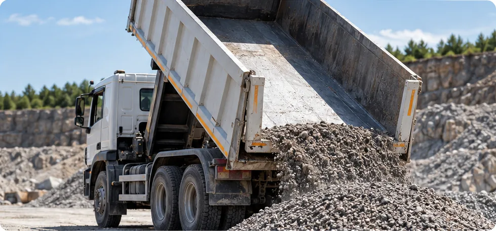 Hardox tipper-unloading Illustration of a raised tipper body unloading aggregate at a quarry