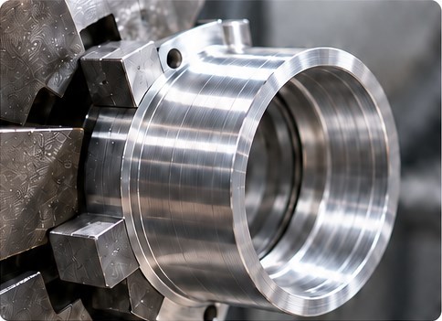Bearing housing workholding Aluminium bearing housing held in lathe jaws.