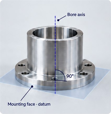 Bore alignment and mounting datum Flanged bearing housing showing the bore axis perpendicular to its mounting datum face.