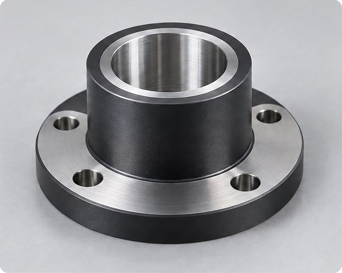 Selective finishing on a bearing housing Bearing housing with a dark finished exterior and bare machined bore and flange contact surfaces.
