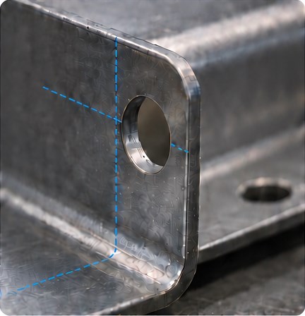 Sheet metal case study 02 detail Mounting hole and reference lines on a formed sheet metal bend
