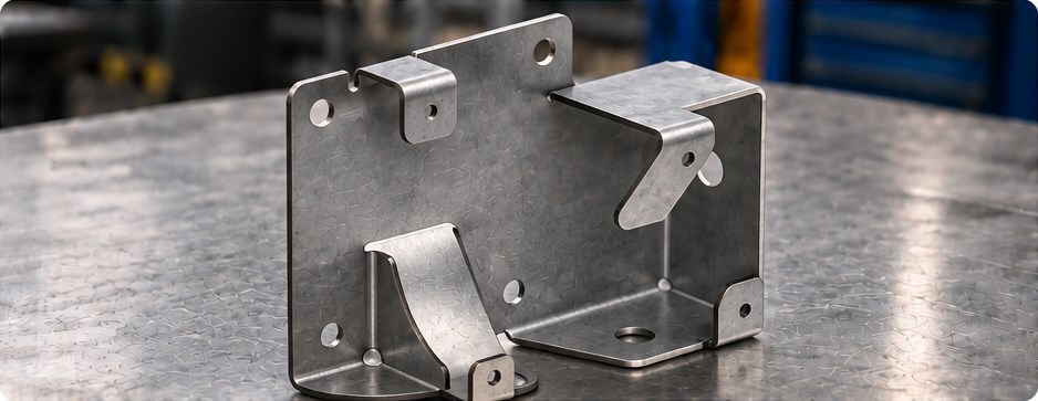 Sheet metal case study 02 main Formed sheet metal mounting component with holes and bent tabs