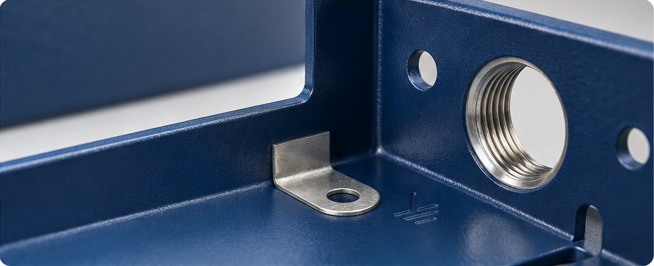 Sheet metal case study 03 main Coated steel enclosure with exposed thread and electrical contact surface