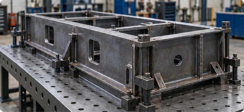 Sheet metal case study 06 main Carbon steel weldment held in a welding fixture