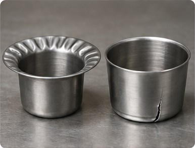 Two drawn steel cups showing flange wrinkles on the left and a wall tear on the right.