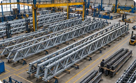Truss Production Repeated steel roof trusses arranged in a fabrication workshop
