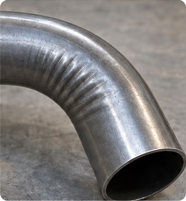 Bent steel tube showing wrinkles along the inside of the curve.